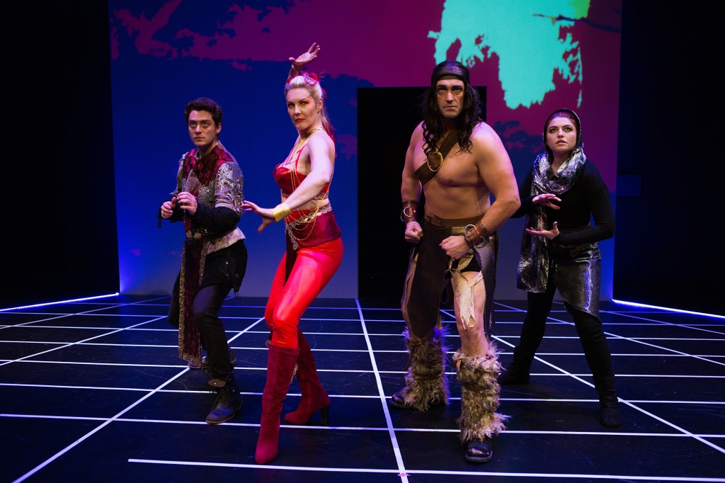 A group of four fantasy warrior characters stand in formation, preparing for a fight